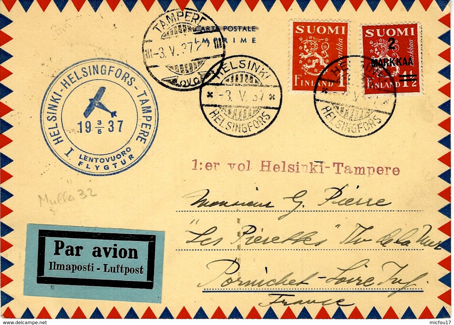 3-5-1937 - C P A   Fr. 3 M -   HELSINKI -HELSINGFORS - TAMPERE  To France  ( Muller 32 ) - Covers & Documents