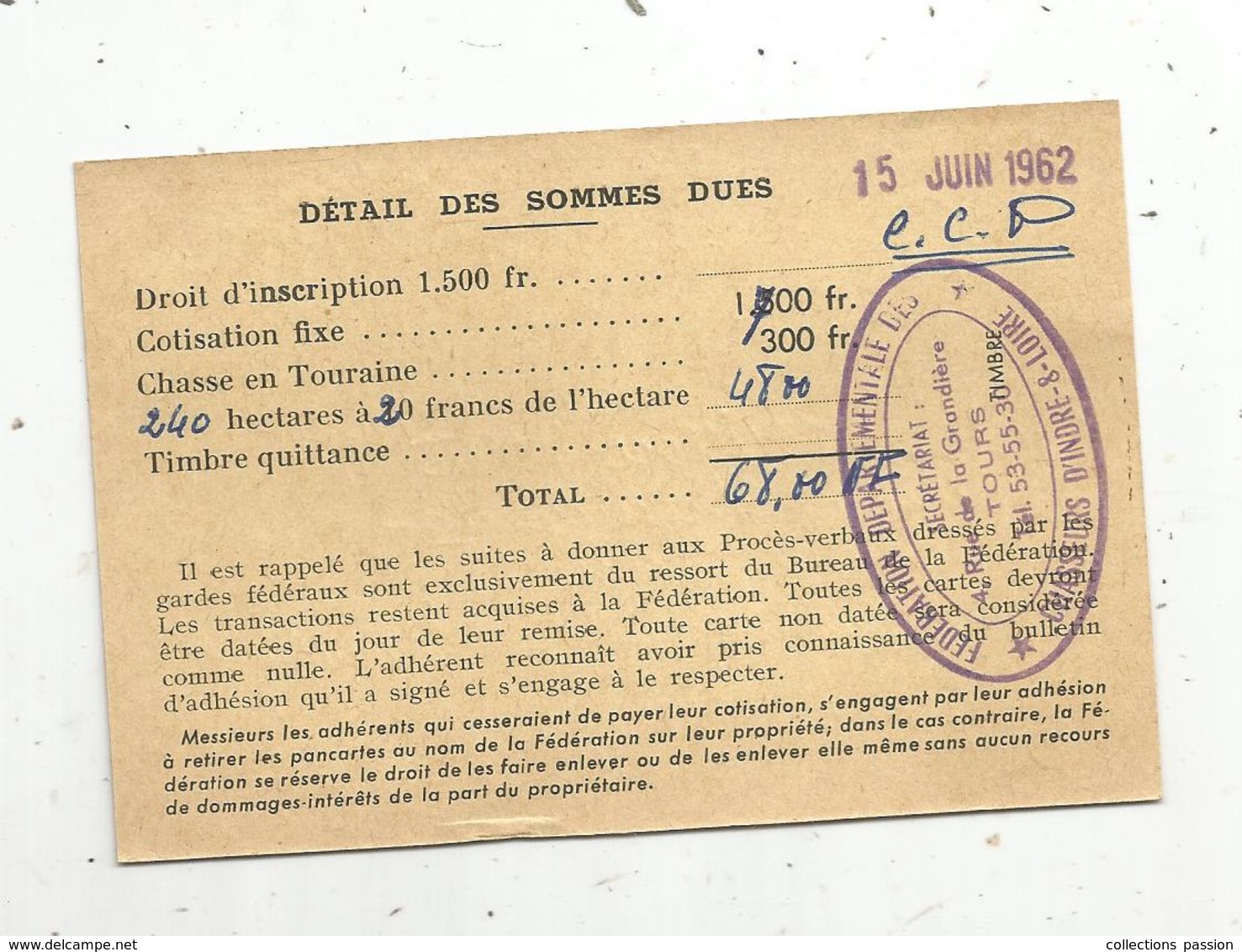 Carte De Membre Actif FEDERATION DEPARTEMENTALE DES CHASSEURS D'Indre Et Loire,1962 , 2 Scans - Non Classés