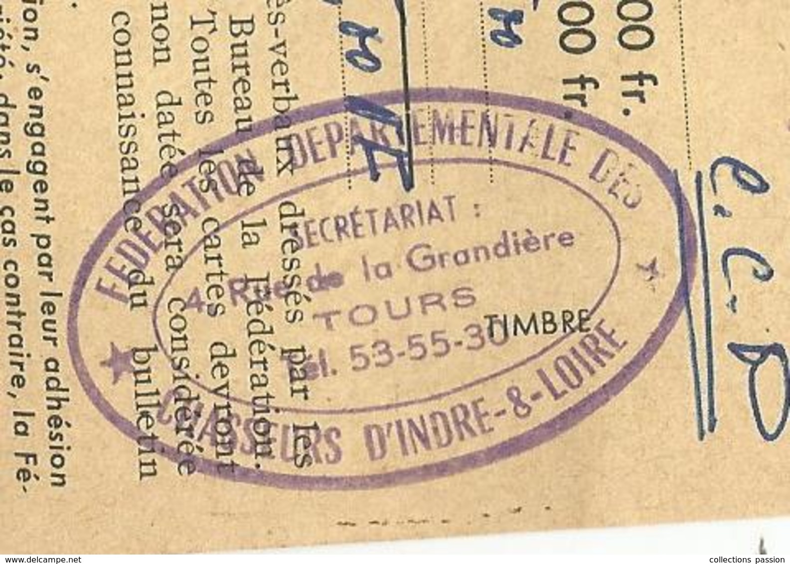 Carte De Membre Actif FEDERATION DEPARTEMENTALE DES CHASSEURS D'Indre Et Loire,1962 , 2 Scans - Non Classés