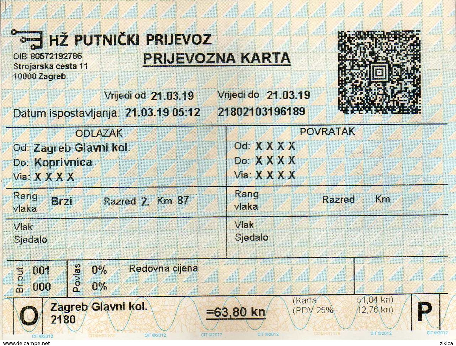 Transportation Tickets > One-day Ticket > Railway > Croatia.relation Zagreb-Koprivnica - Europe