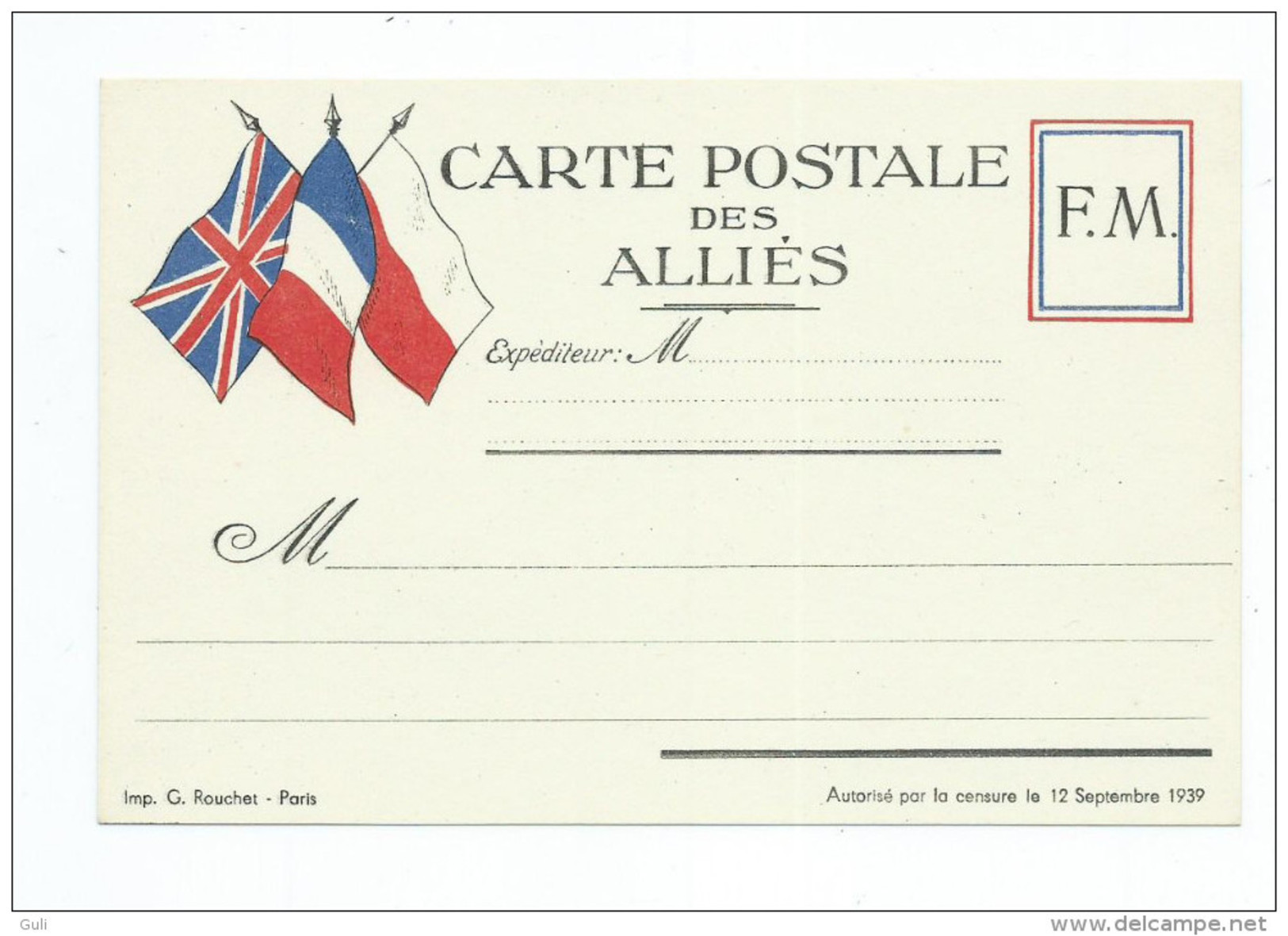 Militaria.CARTE POSTALE Des ALLIES 3 Drapeaux  -F.M FM  Franchise Militaire.Imprimerie G.Rouchet  (Guerre ) - Lettres & Documents