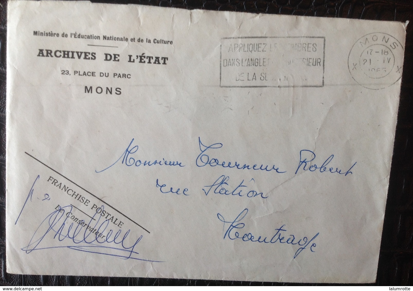 CMCA. 60. Franchise Postale. Archives De L'Etat à Mons 1965 - Franchise