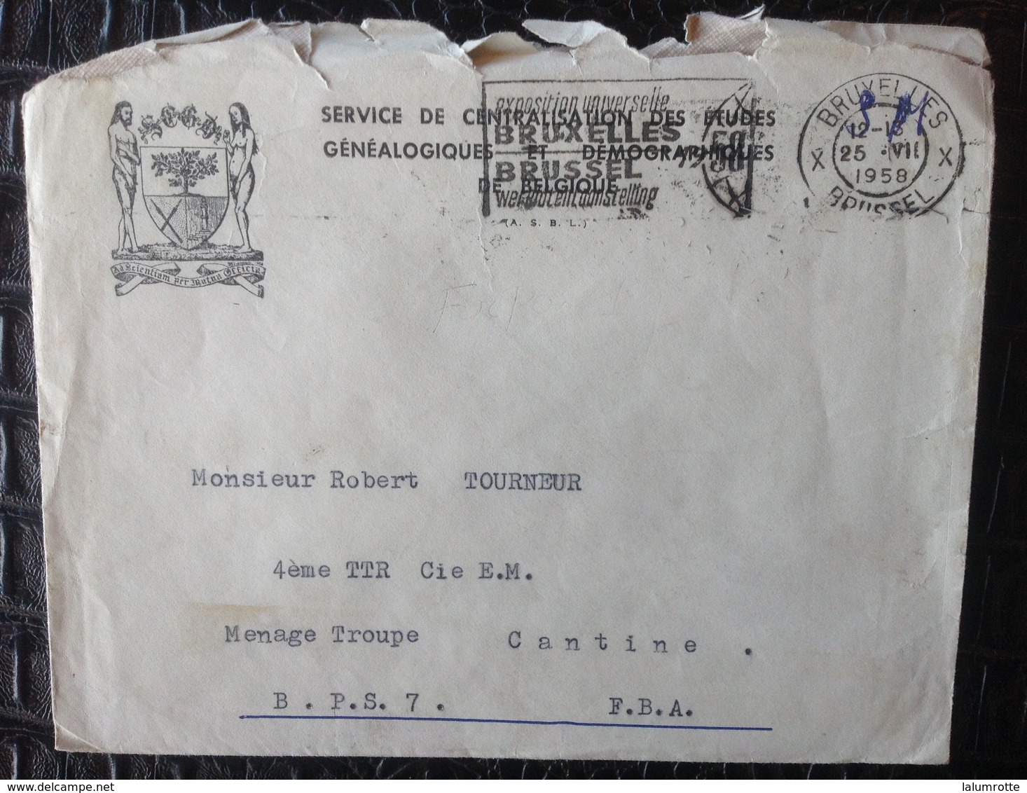 CMCA. 61. Franchise Postale. Services De Généalogies Et Démographiques à Bruxelles 1958 - Franchise