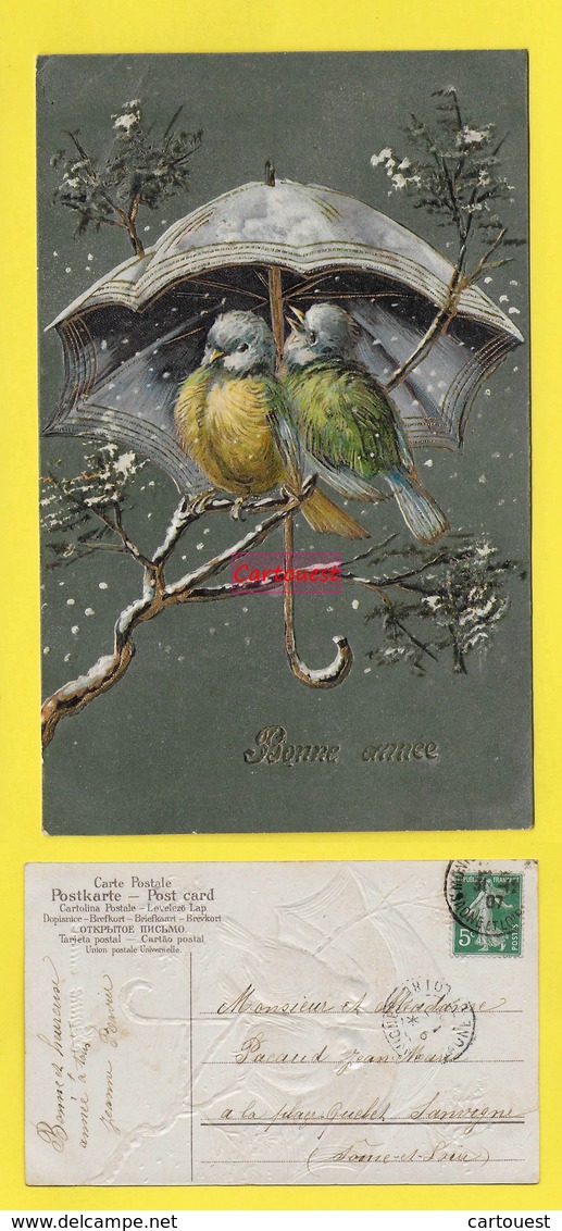 CPA  ֎  Illustrée OISEAUX  ֎ Parapluie - Arbe - Neige ֎ Embossée ֎ Léger Relief ֎ 1907 ֎ Bonne Année ֎ - Oiseaux