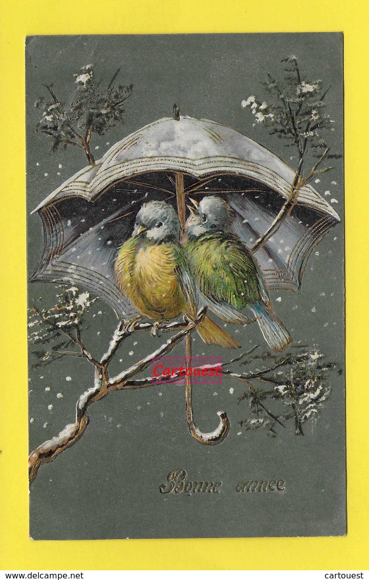 CPA  ֎  Illustrée OISEAUX  ֎ Parapluie - Arbe - Neige ֎ Embossée ֎ Léger Relief ֎ 1907 ֎ Bonne Année ֎ - Oiseaux