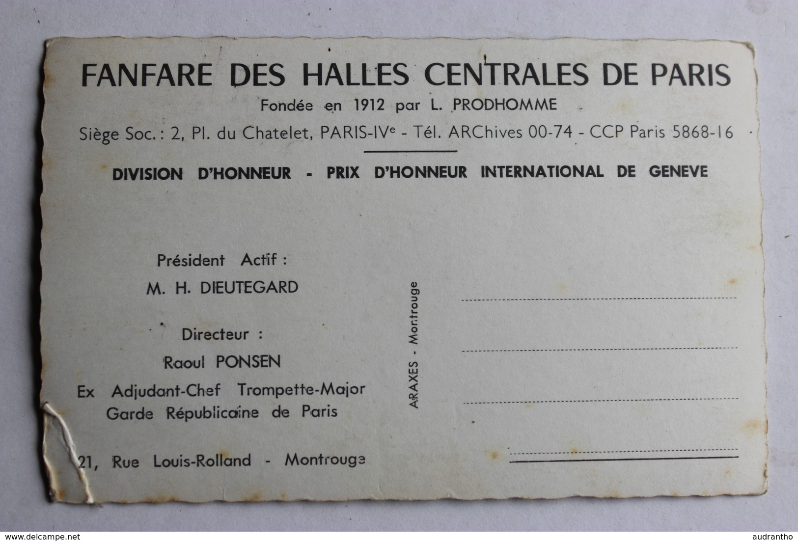 CPSM Fanfare Des Halles Centrales De Paris Fondée Par L. Prodhomme M. H. Dieutegard Montrouge - Musique Et Musiciens