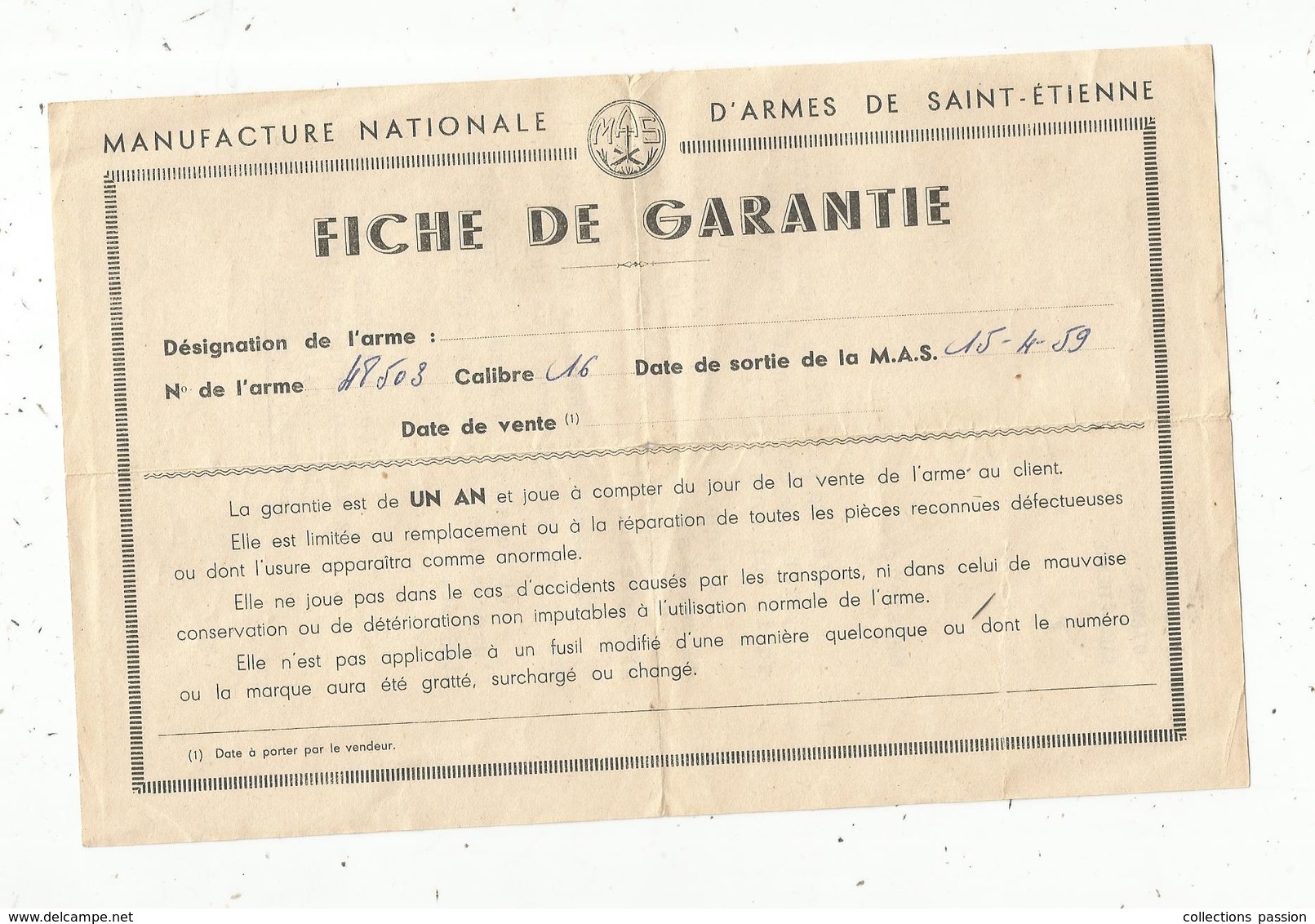 Fiche De Garantie Arme Calibre 16, 1959 , Manufacture Nationale D'Armes De Saint Etienne,2 Scans , Frais Fr 1.55 E - 1950 - ...