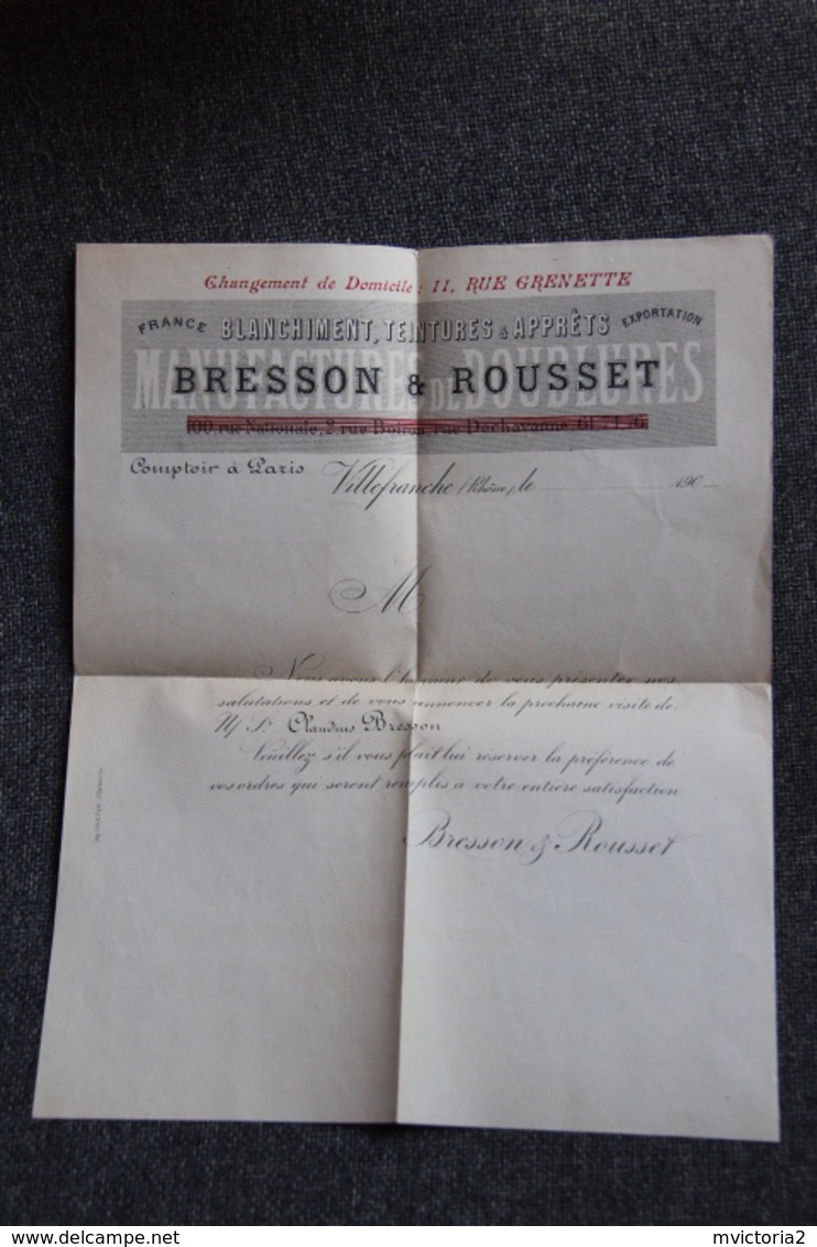 Lettre Commerciale - VILLEFRANCHE (69) - BRESSON Et ROUSSET, Blanchiment, Teintures Et Apprêts. - 1900 – 1949