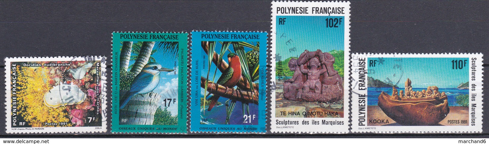 Polynésie Merveilles Sous-marines Faune Oiseaux Scultures N°376-383-384-387-388 Oblitéré - Oblitérés