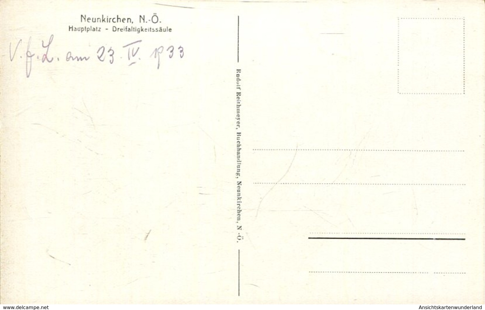 007555  Neunkirchen - Hauptplatz, Dreifaltigkeitssäule  Künstlerkarte  1933 - Neunkirchen
