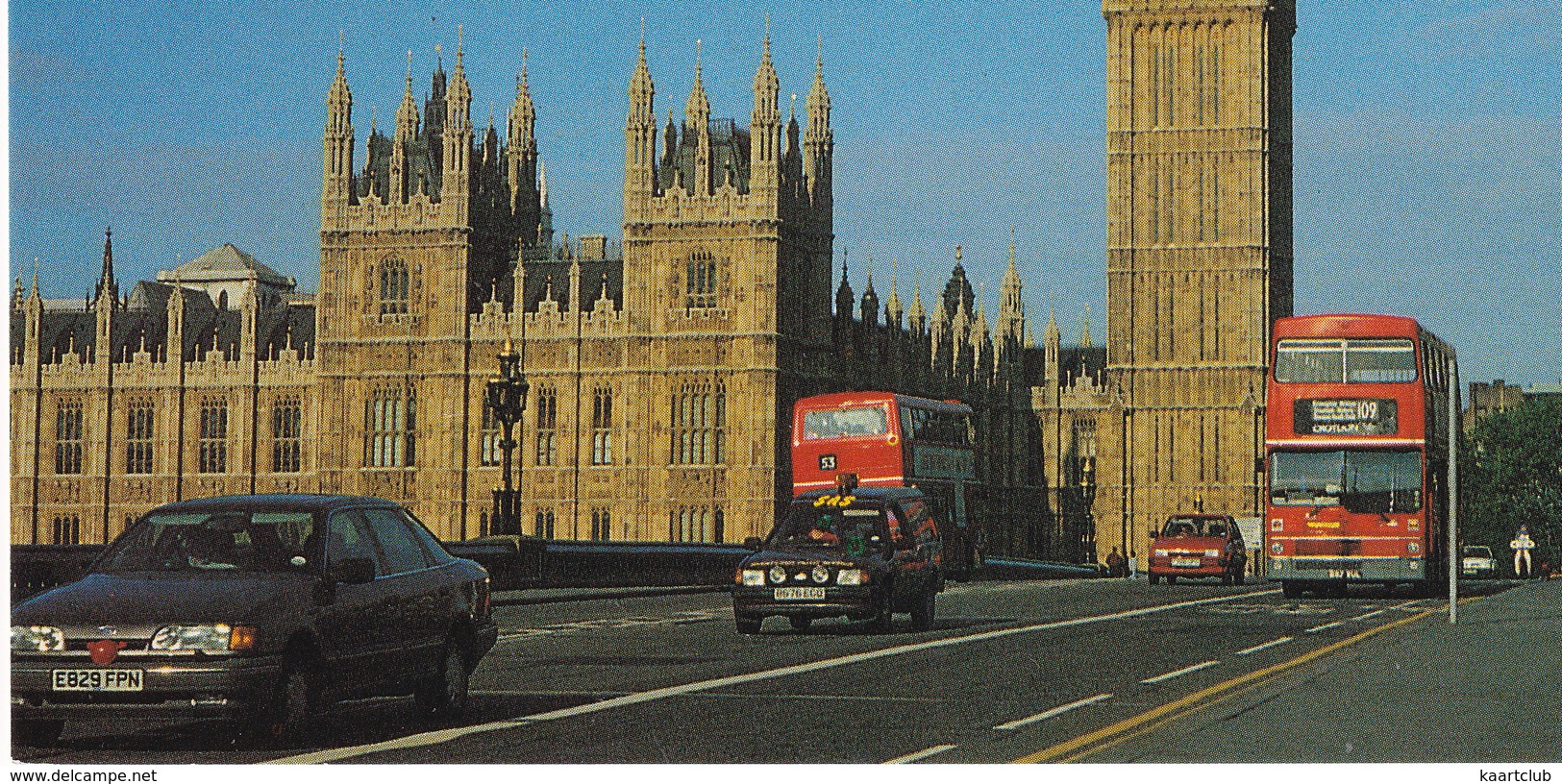 London: FORD SCORPIO, ESCORT MK3 PANEL-VAN, FIËSTA MK2, MCW METROBUS, DOUBLE DECK BUS - Westminster Bridge - Toerisme