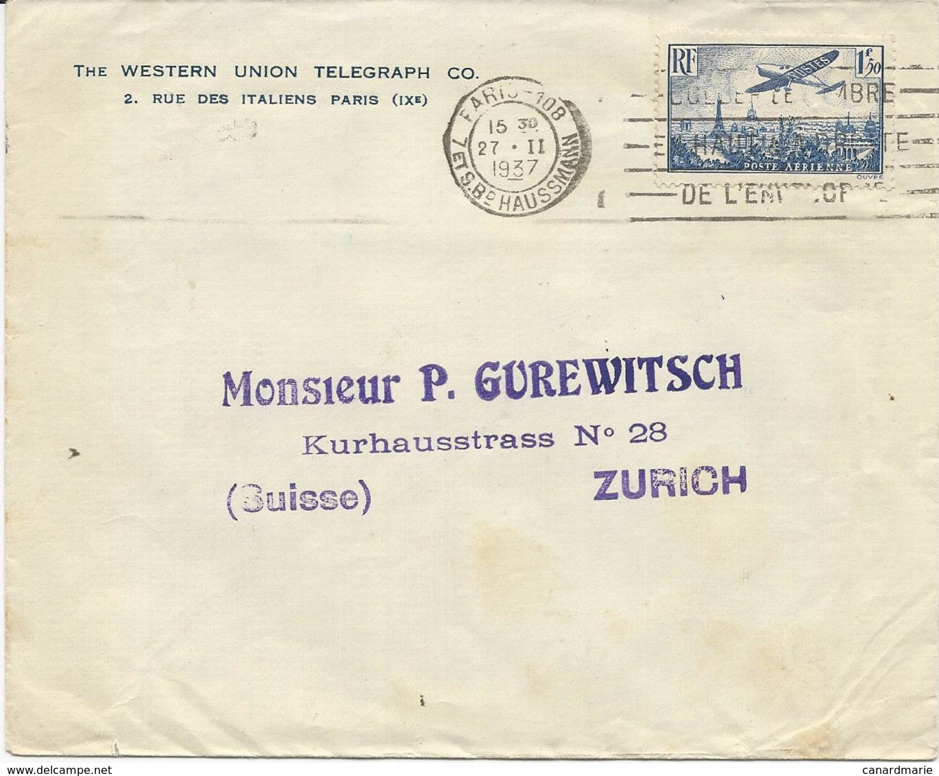 LETTRE POUR LA SUISSE 1937 AVEC TIMBRE A 1 FR 50 POSTE AERIENNE - 1921-1960: Période Moderne