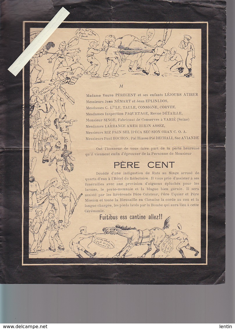 Militaire / Faire-part Humoristique / Déces Père Cent / 2 Documents / St-Raphael, St-Zano, Père Nod, On Se Noircira à La - Décès