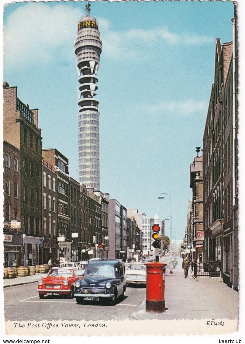 London: HILLMAN MINX V ESTATE, TRIUMPH HERALD CONVERTIBLE, VAUXHALL VICTOR FB  - Mailbox - Post Office Tower - Toerisme