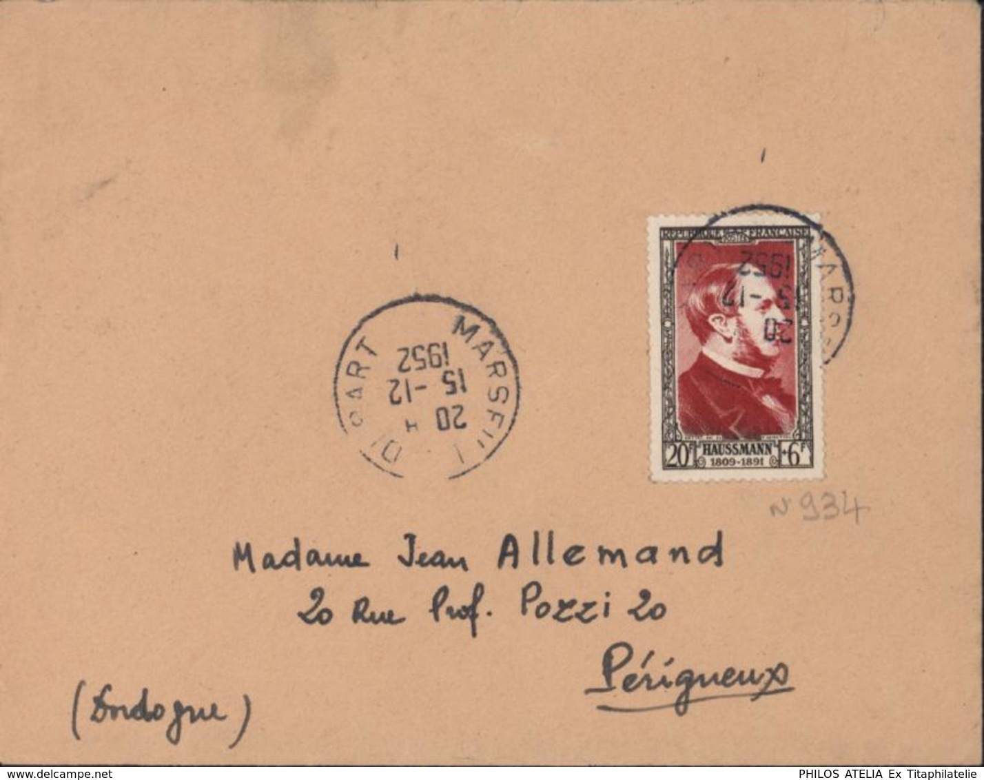 YT 934 Haussman Seul Sur Lettre CAD Marseille Départ 15 12 1952 Rare - 1921-1960: Période Moderne