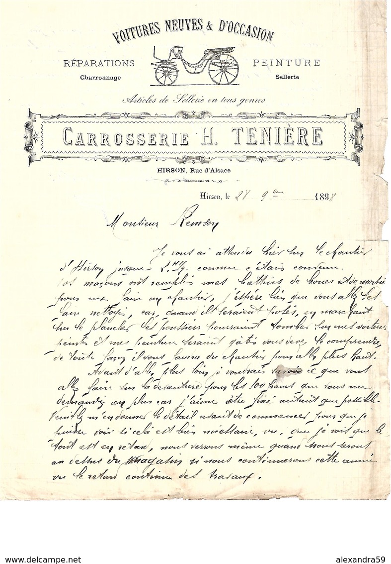 Facture Voitures Neuves & D'occasion Réparations Peintures à Hirson En 1898 - 1800 – 1899