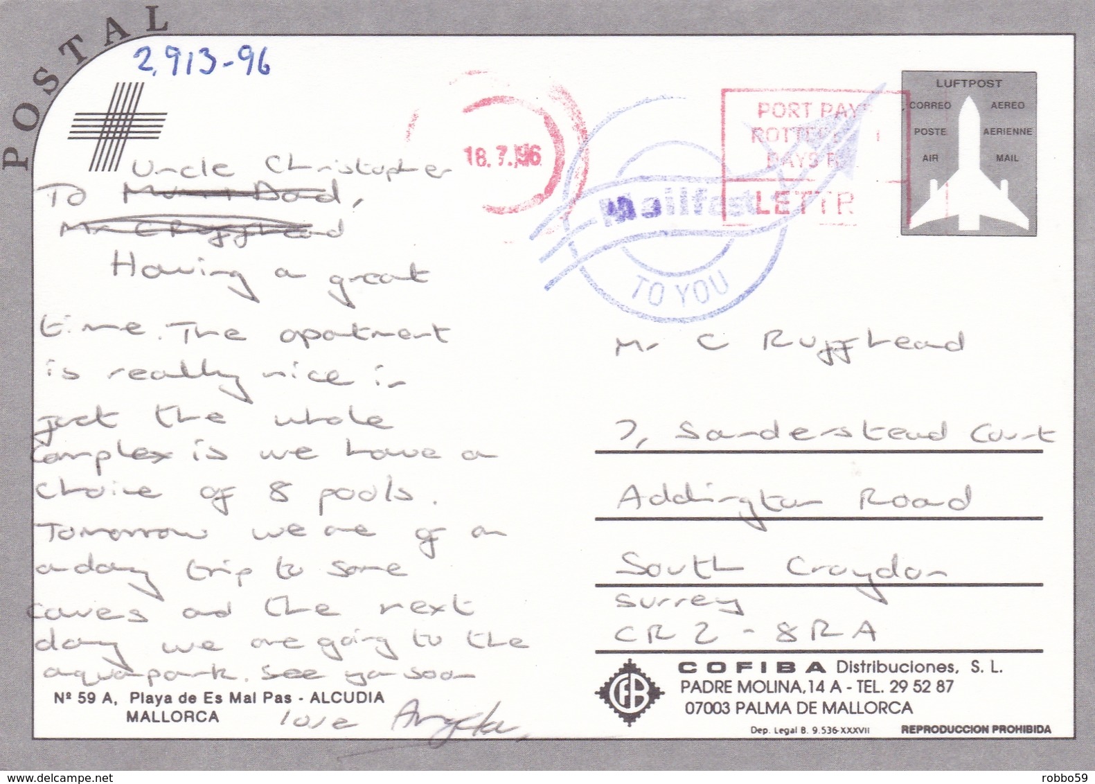 Spain Mallorca Alcudia Playa De Es Mal Postcard 1996 Mailfast Postmark Used Good Condition - Other & Unclassified