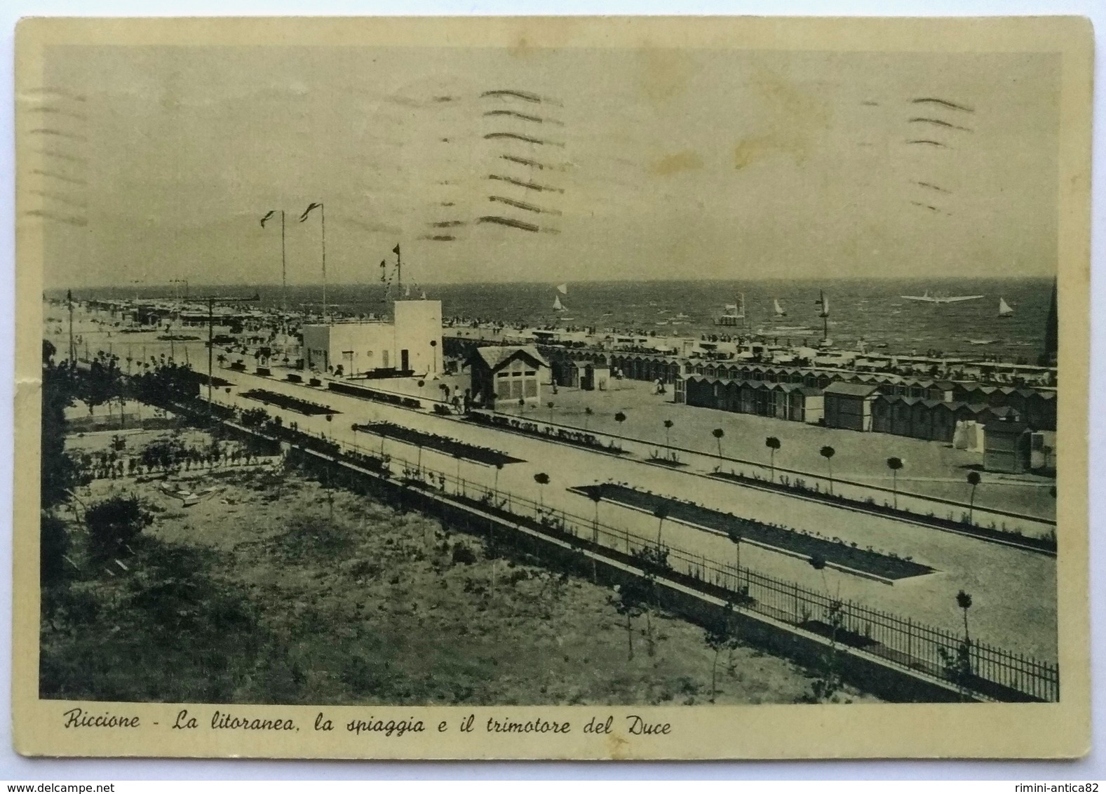 RICCIONE - La Litoranea, La Spiaggia E Il Trimotore Del Duce (Viaggiata 1938) - Rimini