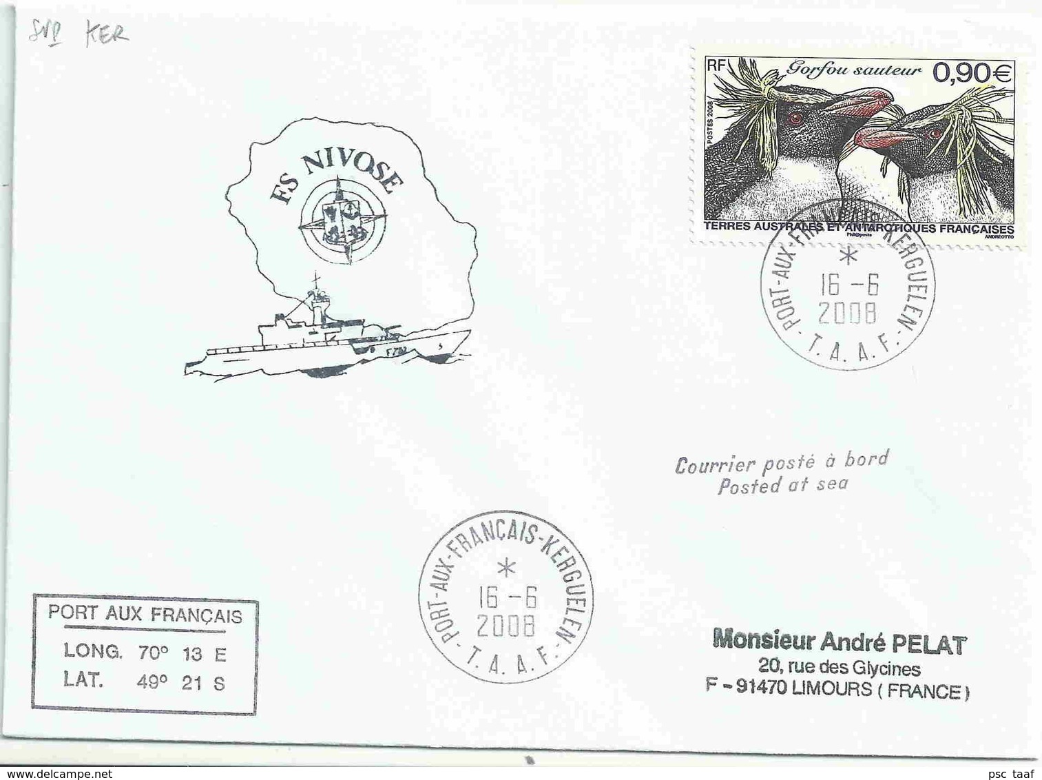 YT 502 - Gorfou Sauteur - Lettre Postée à Bord De La Nivose - Port Aux Français - Kerguelen - Lettres & Documents