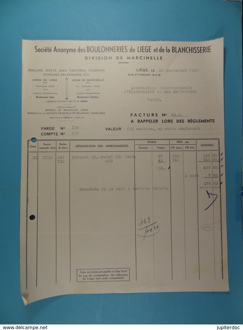 SA Des Boulonneries De Liège Et De La Blanchisserie Division Marcinelle /12/ - Andere & Zonder Classificatie