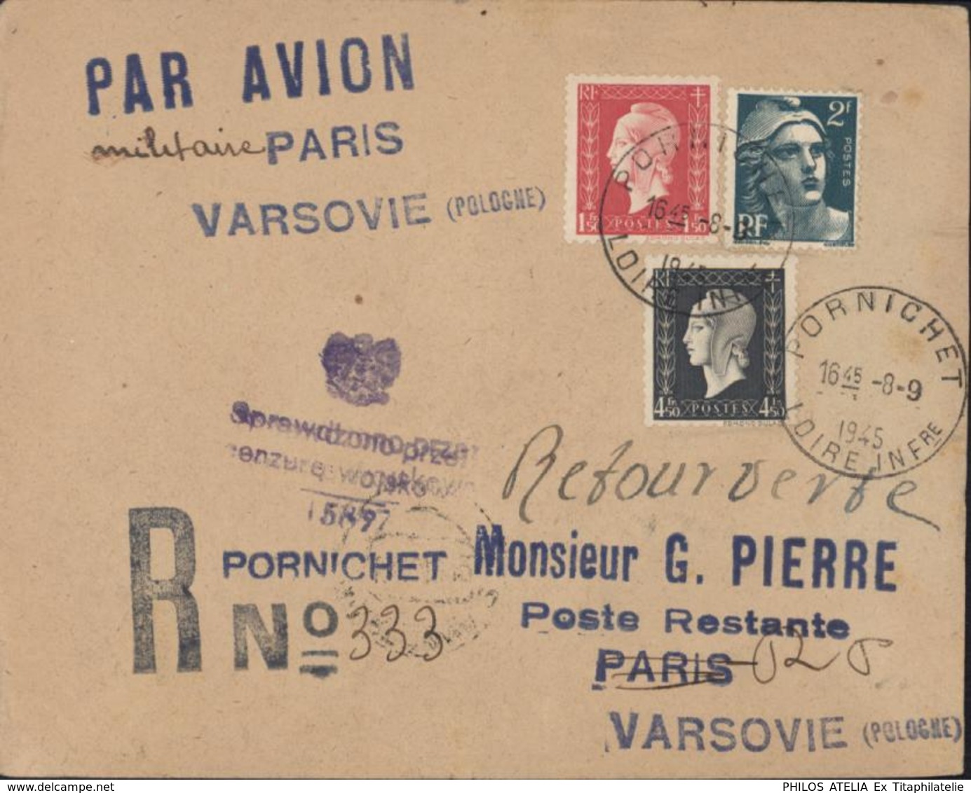 Reprise Traffic Aérien Après Guerre Par Avion Militaire Paris Varsovie Censure Pologne Recommandé Provisoire Pornichet - 2. Weltkrieg 1939-1945