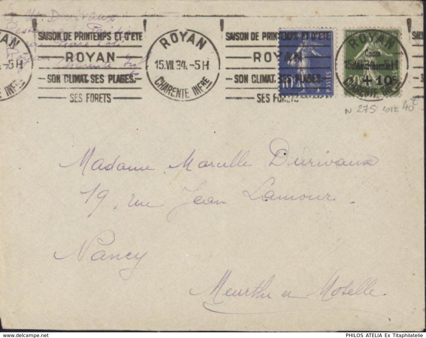 YT 279 275 Caisse D'amortissement Surcharge +10 CAD Royan 15 VII 34 Flamme Saison De Printemps Et D'été Royan - 1921-1960: Période Moderne