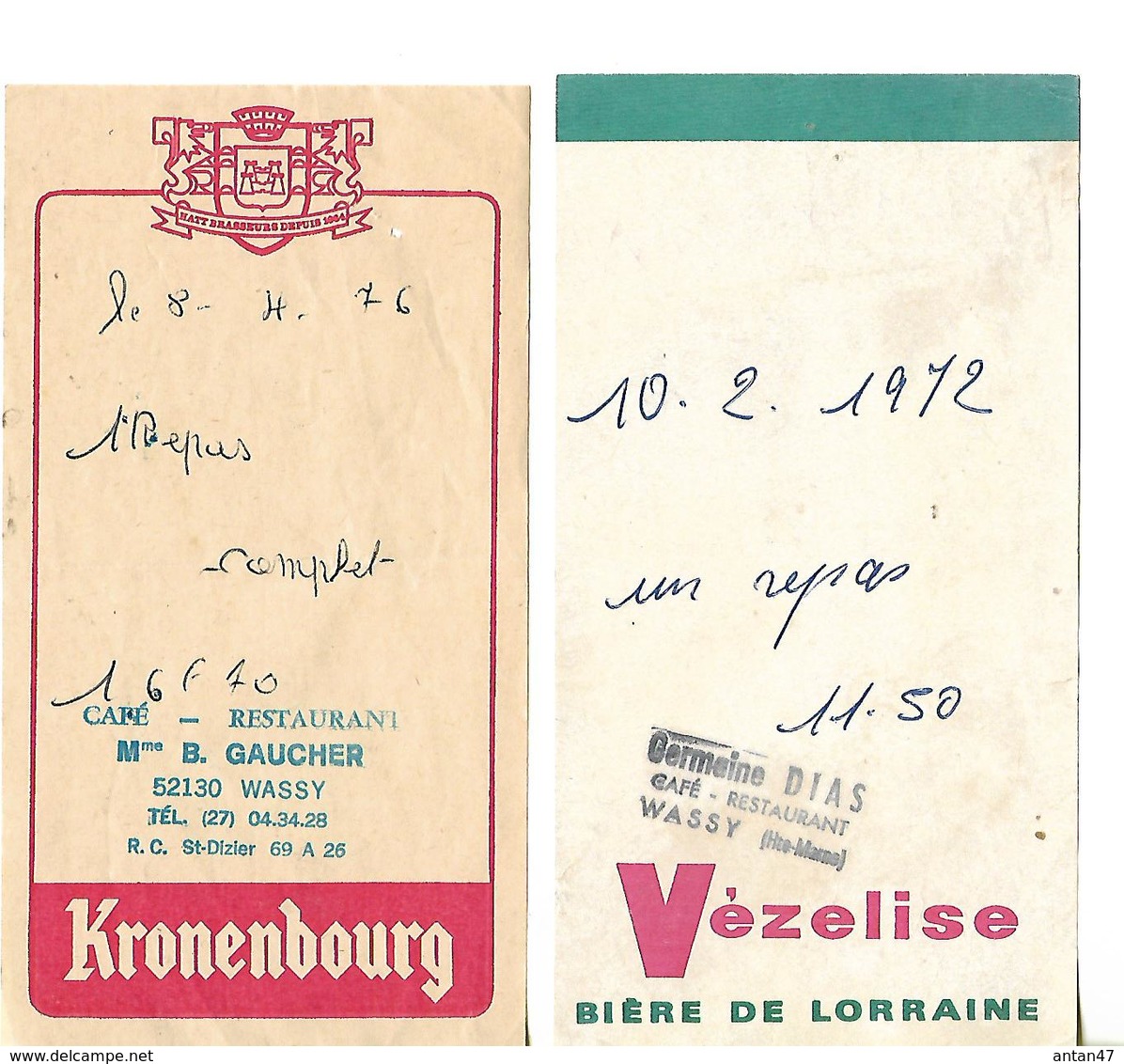 2 Facturettes / 52 WASSY / Café Restaurant / GAUCHER Pub Bière KRONENBOURG / DIAS Pub Bière VEZELISE - Invoices