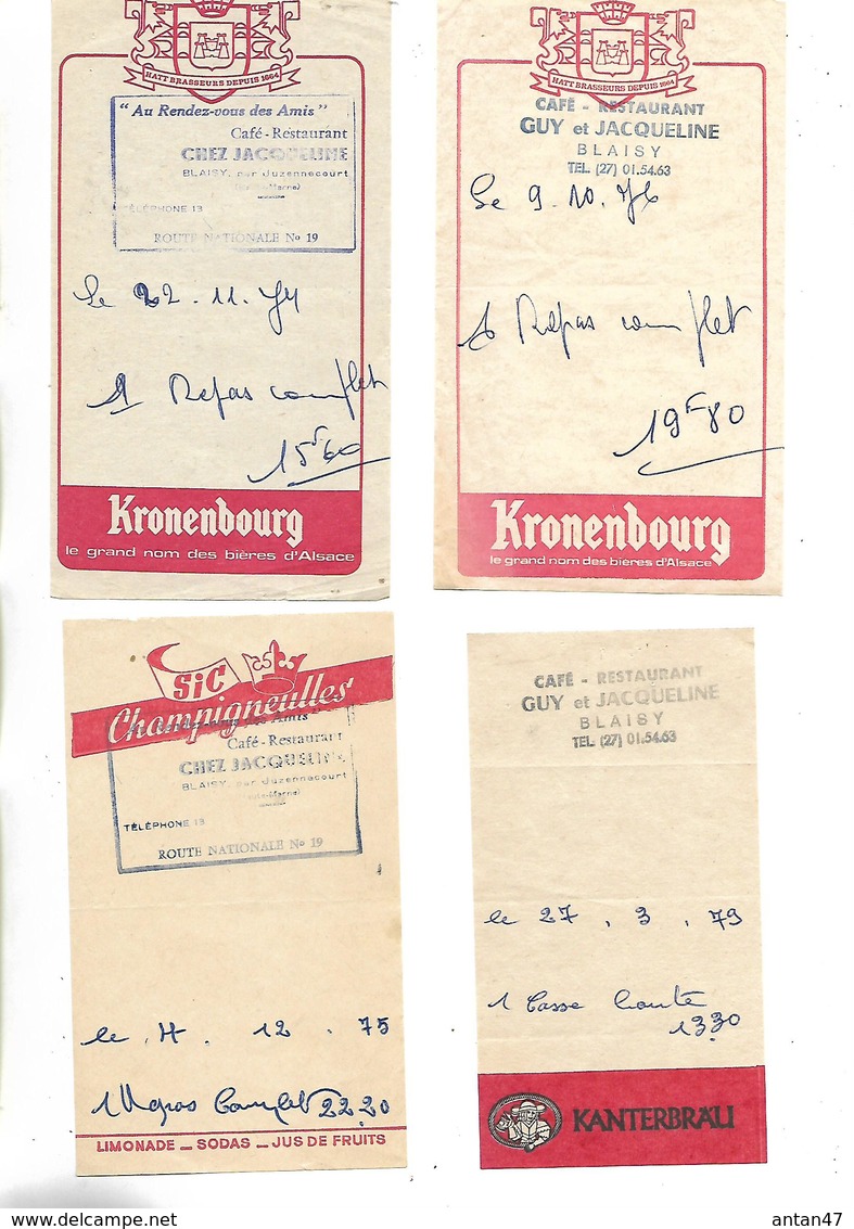 4 Facturettes / 52 BLAISY / Chez GUY Et JACQUELINE / Pub Bière  KANTERBRAU KRONENBOURG CHAMPIGNEULLES - Invoices