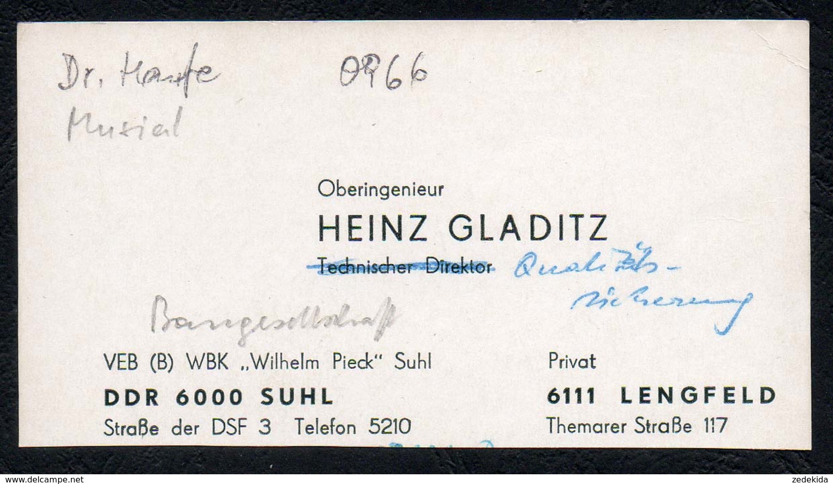 C3776 - WBK Wilhelm Pieck Suhl - Heinz Gladitz - Ingenieur - DDR - Visitenkarten