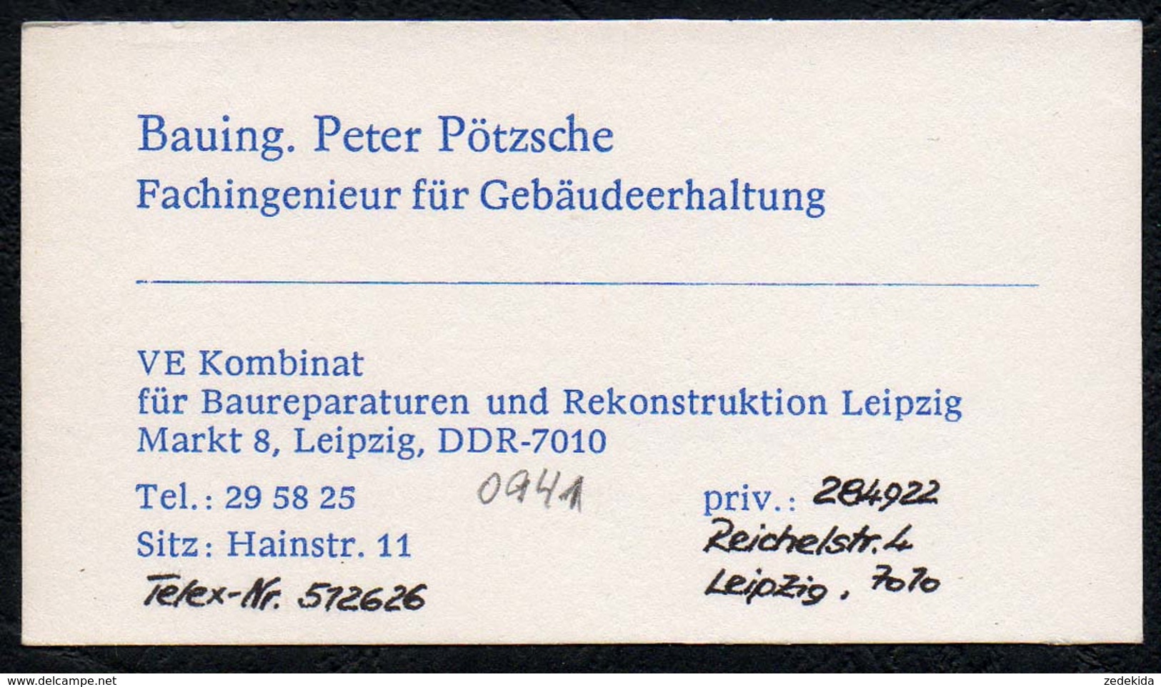 C3778 - VE Kombinat Rekonstruktion Leipzig - Peter Pötzsche - Ingenieur - DDR - Visitenkarten