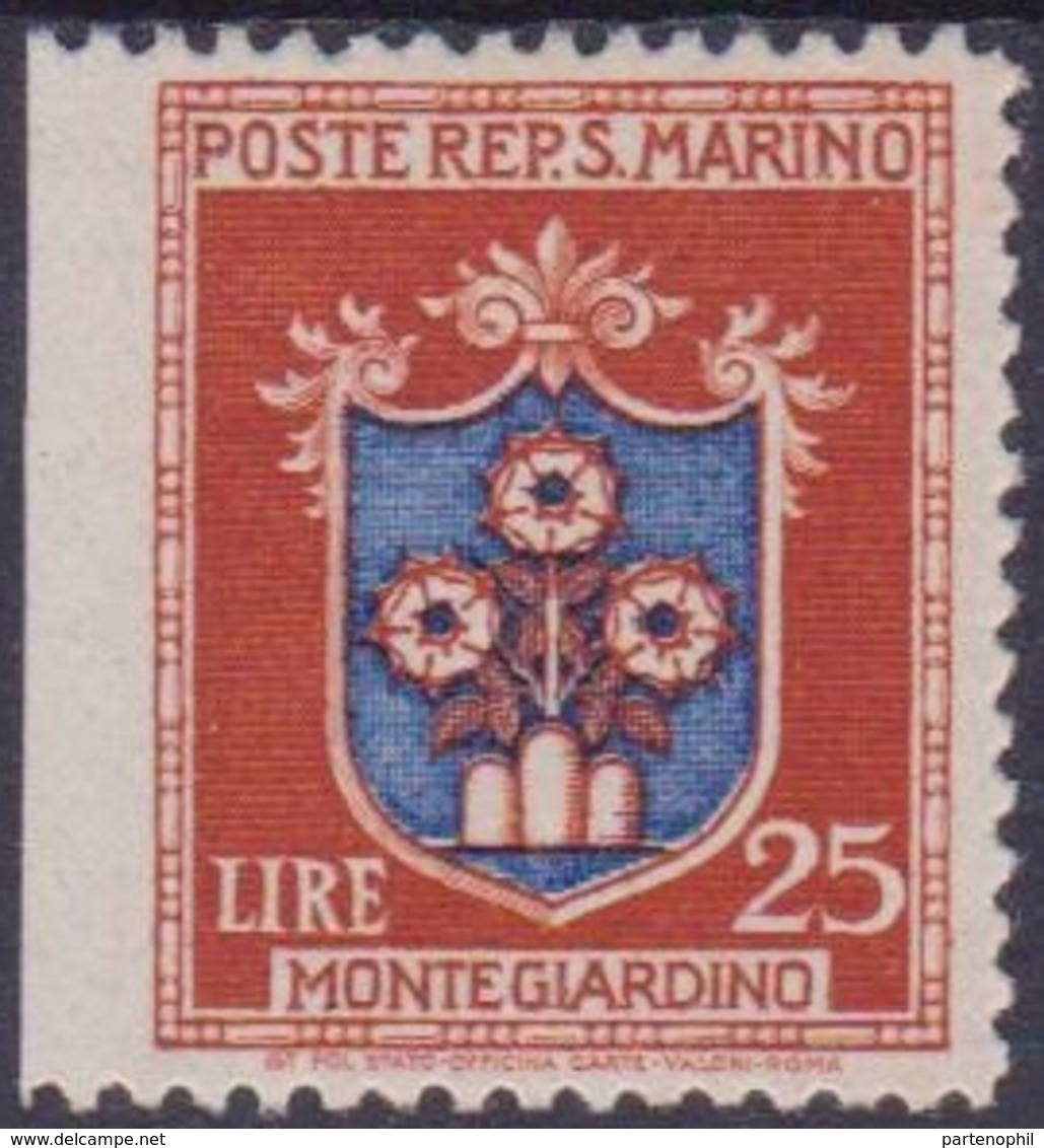 San Marino  - 616 ** 1945 – Lire 25, Stemmi Non Dentellato A Sinistra. N. 294e. Cert. Diena. Cat. € 400,00. SPL - Abarten Und Kuriositäten