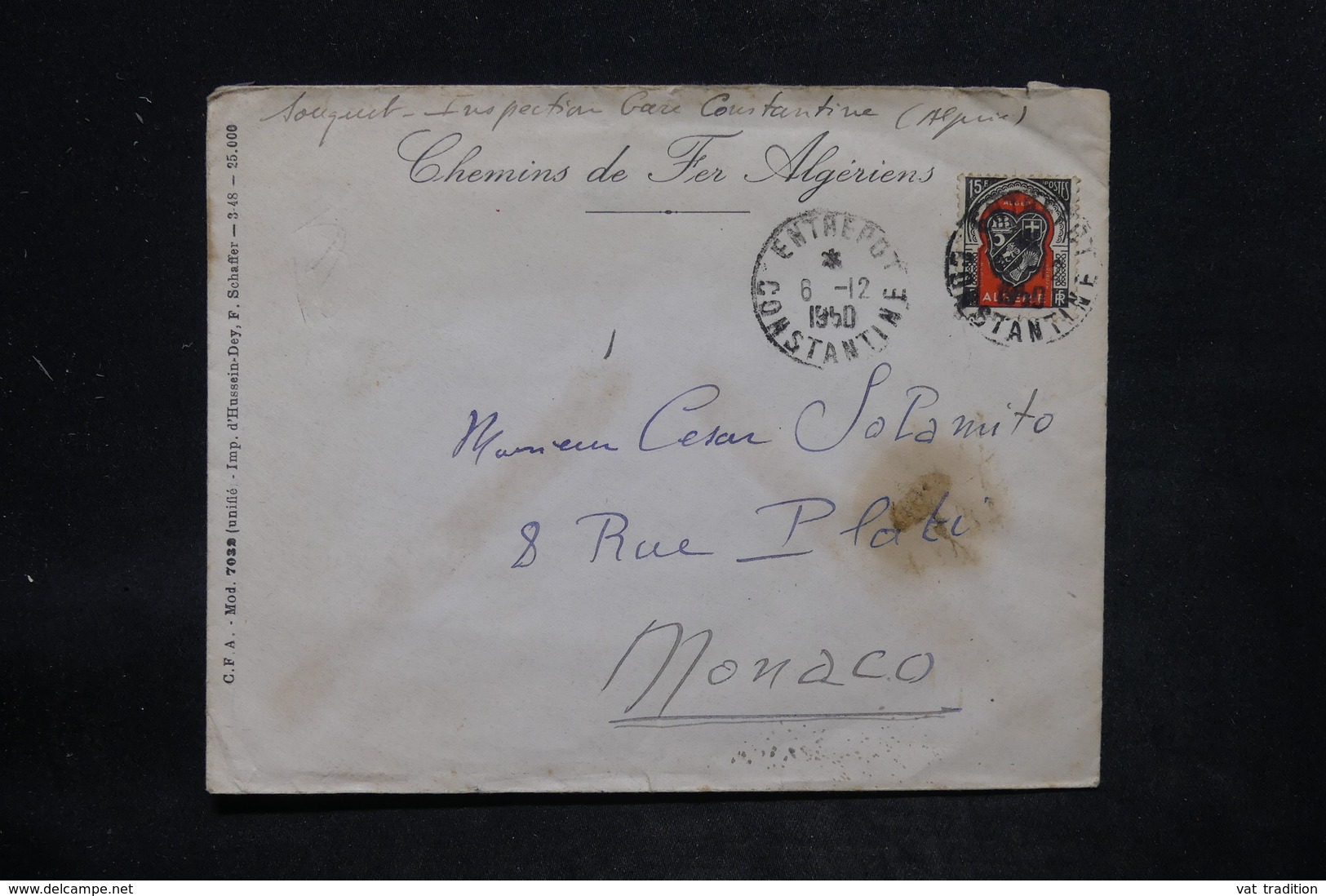 ALGERIE - Enveloppe Commerciale Pour Monaco En 1950 - L 25727 - Covers & Documents