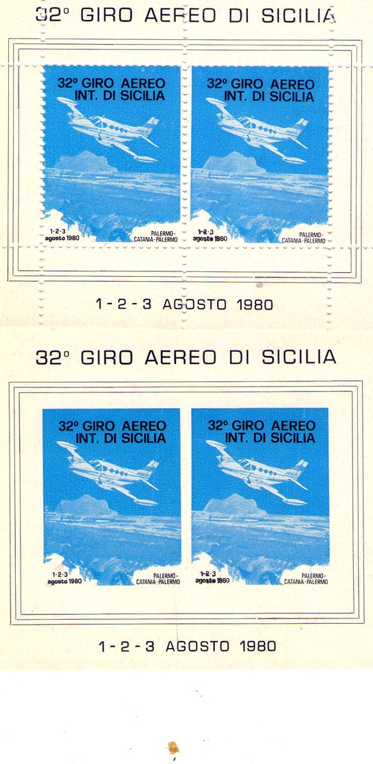 Sicilia Palermo   2 Foglietti  Erinnofili Del 32°  Giro Aereo Di Sicilia   Dentellato  +  Non Dentellato - Erinnophilie