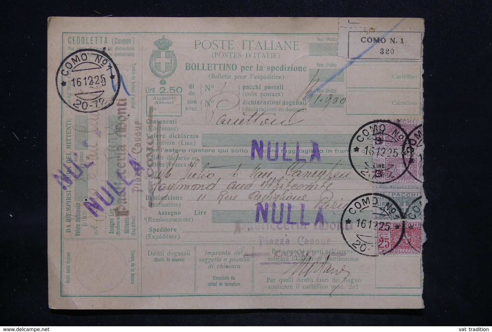 ITALIE - Colis Postal De Como Pour Paris Via Modane En 1925 , Affranchissement Plaisant - L 25732 - Colis-postaux