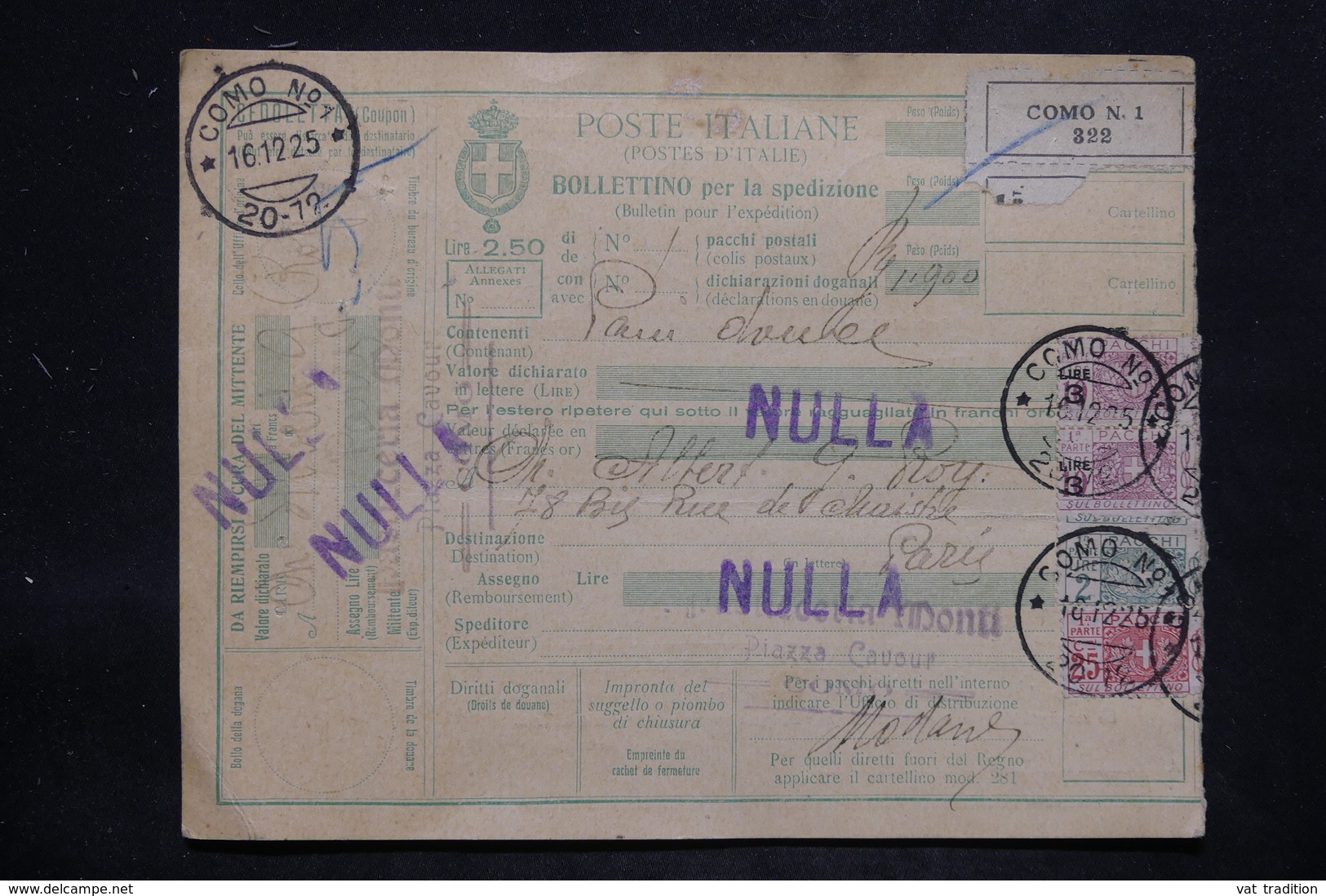 ITALIE - Colis Postal De Como Pour Paris Via Modane En 1925 , Affranchissement Plaisant - L 25733 - Postal Parcels