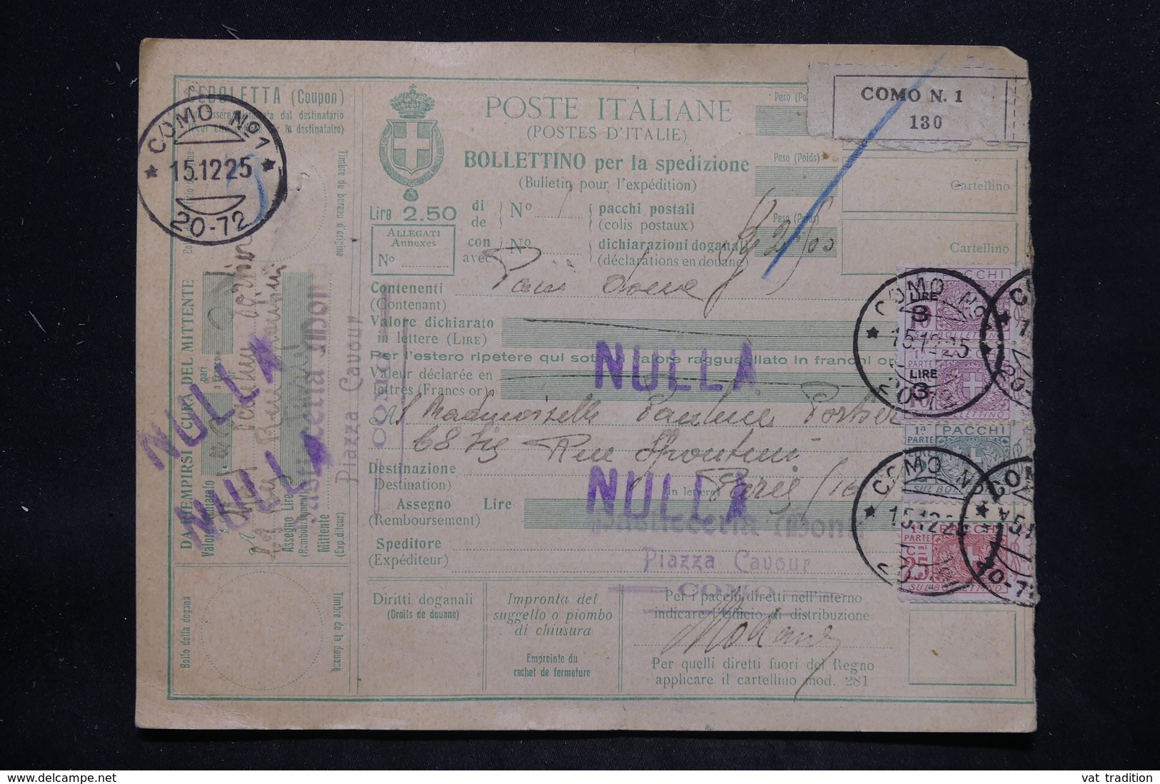 ITALIE - Colis Postal De Como Pour Paris Via Modane En 1925 , Affranchissement Plaisant - L 25734 - Postal Parcels
