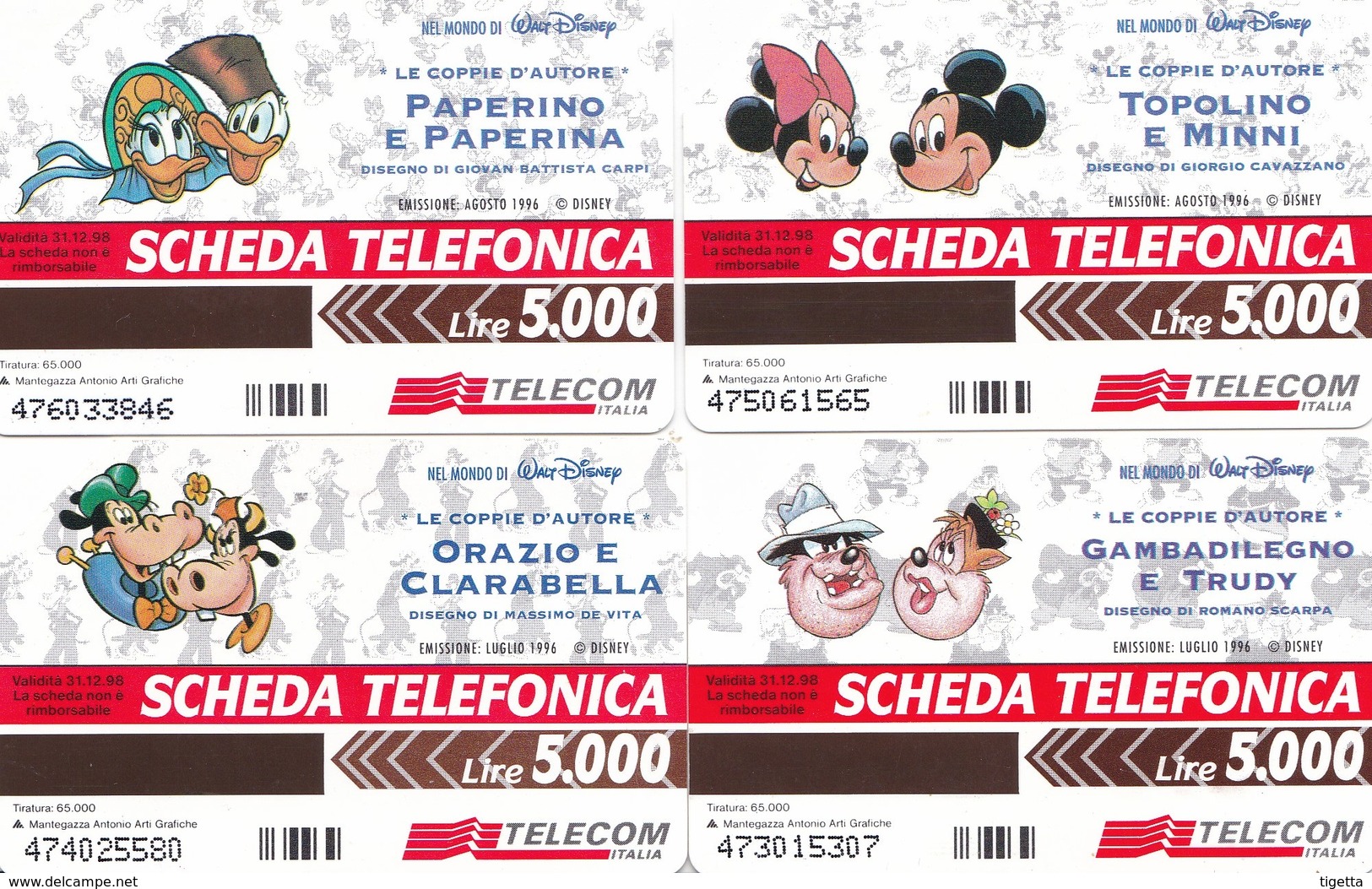 SCHEDA TELEFONICA  WALT DISNEY LE COPPIE D' AUTORE  SCADENZA 31/12/1998 USATA - Pubbliche Speciali O Commemorative