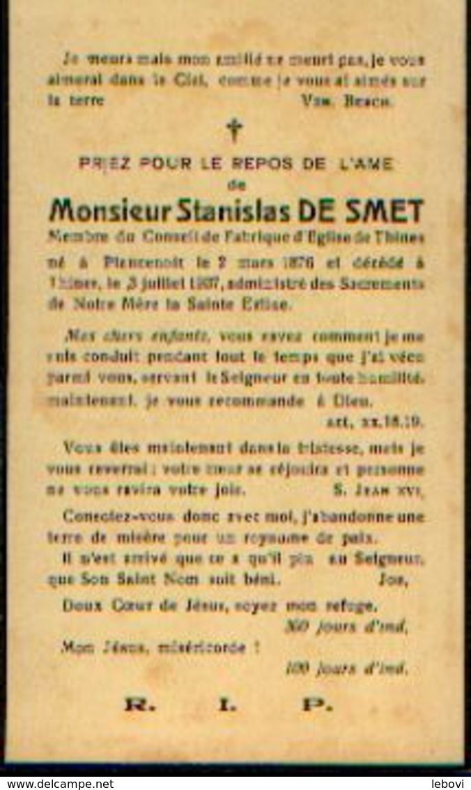 Souvenir Mortuaire DE SMET Stanislas (1876-1937) Né à PLANCENOIT Mort à THINES - Images Religieuses