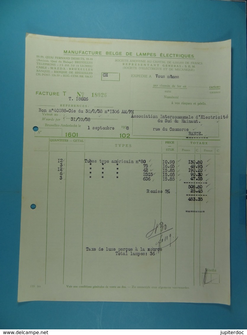 Manufacture Belge De Lampes électriques Bruxelles /48/ - Électricité & Gaz