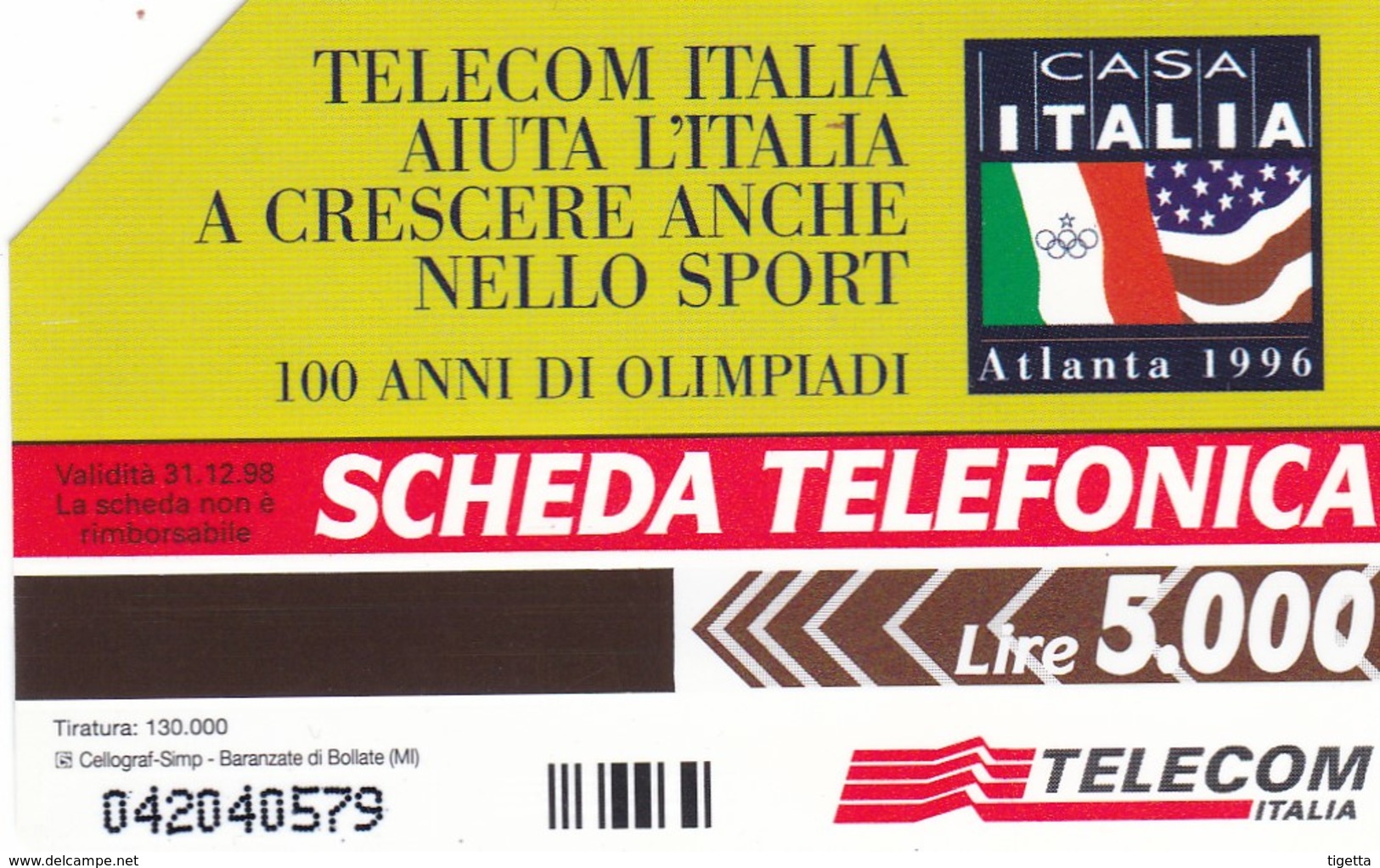 SCHEDA TELEFONICA  OLIMPIADI DI ATLANTA  SCADENZA 31/12/1998 USATA - Öff. Gedenkausgaben