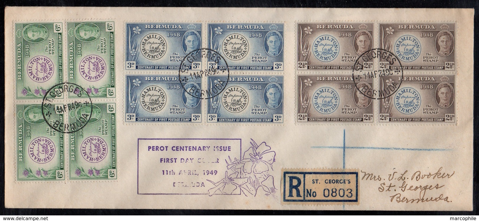 BERMUDA - BERMUDES - ST GEORGES / 11-4-1949 BLOCS DE 4 SUR ENVELOPPE FDC RECOMMANDEE (ref GF54) - Bermudes