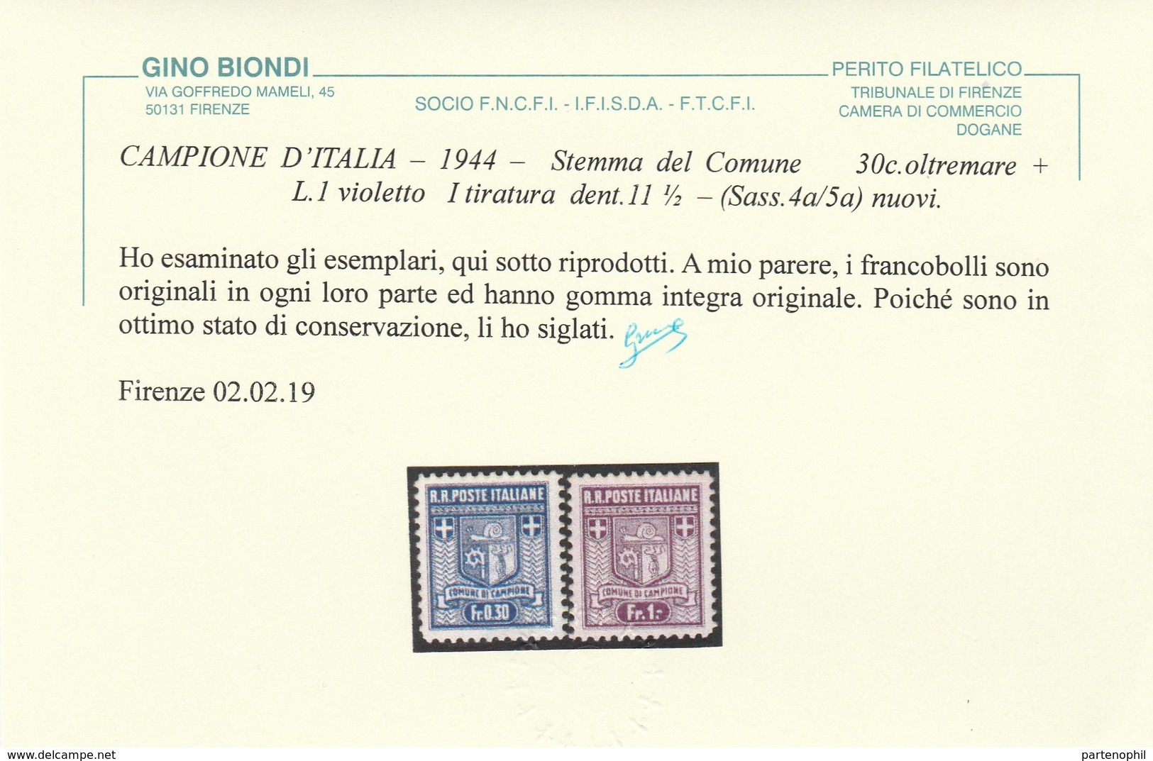 380 ** Campione 1944 – Stemma Del Comune Dent. 11 ½ N. 1a/5a Cert. Biondi. Cat. € 2000,00. SPL - Emissions Locales/autonomes