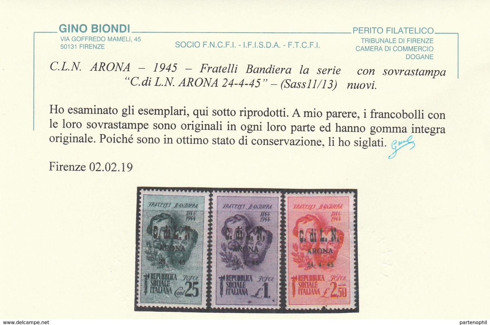 385 ** Arona 1945 – Fratelli Bandiera N. 11/13. Cert. Biondi. Cat. € 375,00 - Emissions Locales/autonomes