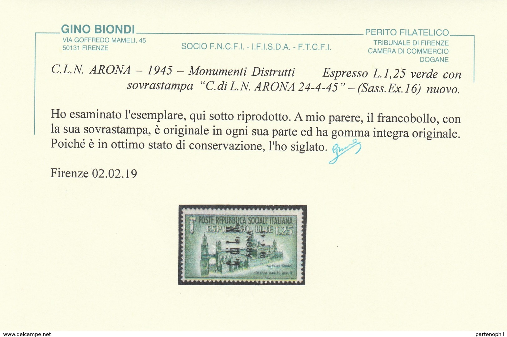 386 ** Arona 1945 – Soprastampato Espresso N. 16. Cert. Biondi. Cat. € 750,00 - Local And Autonomous Issues