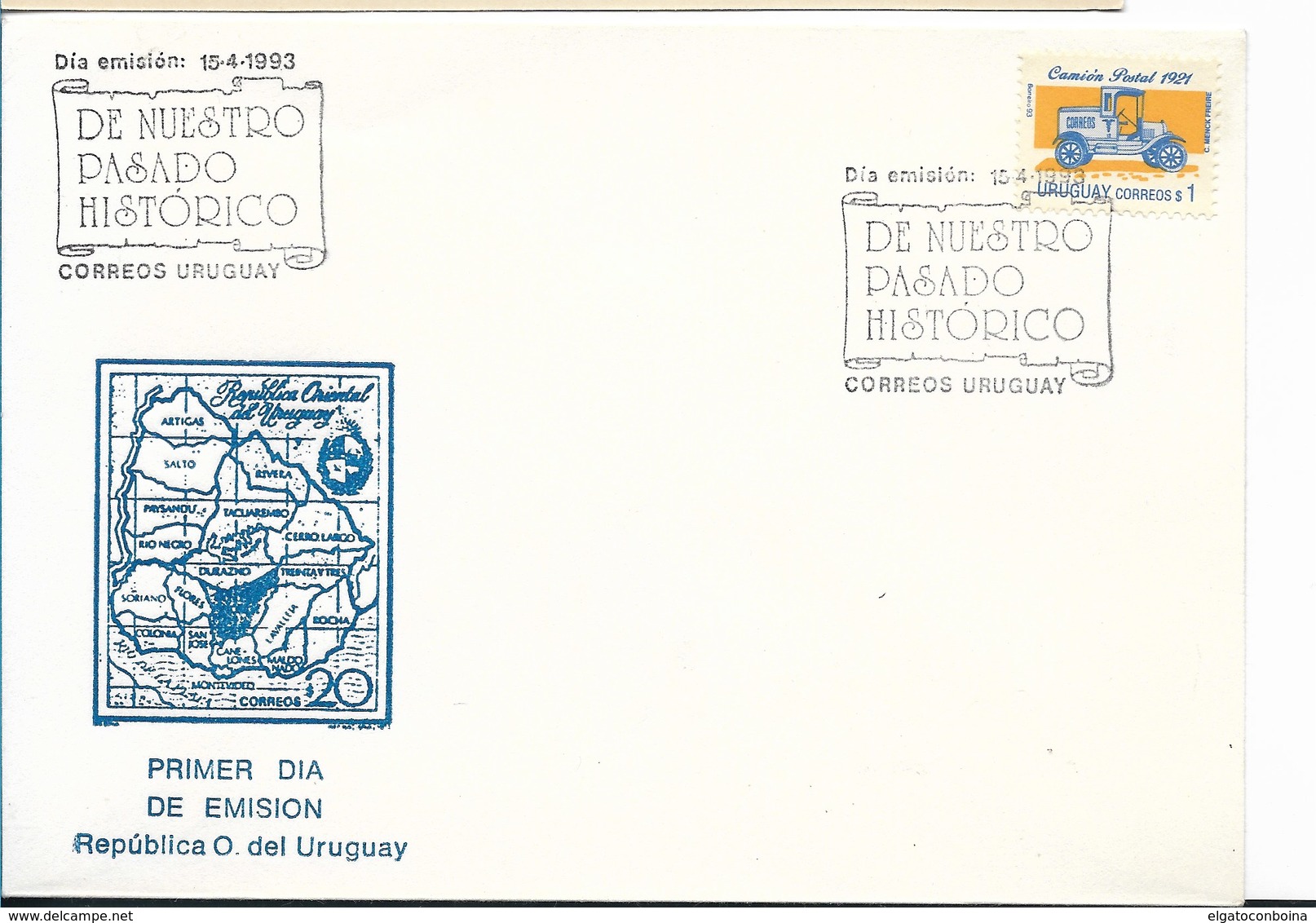 URUGUAY YEAR 1993, OLD POSTAL TRUCK, OLD CARS, HISTORY. FIRST DAY COVER - Uruguay