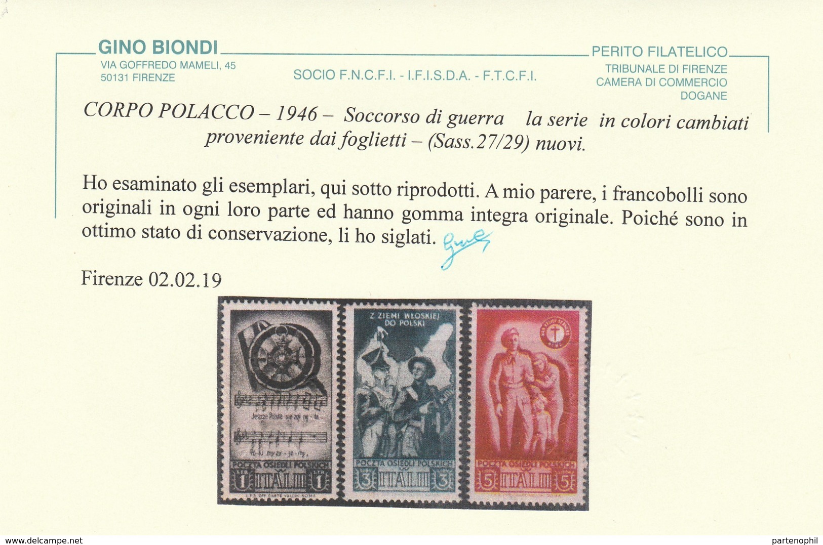 393 ** Corpo Polacco 1946 – Soccorso Di Guerra Colori Cambiati N. 27/29. Cert. Biondi. Cat. € 550,00. SPL - 1946-47 Corpo Polacco Periode