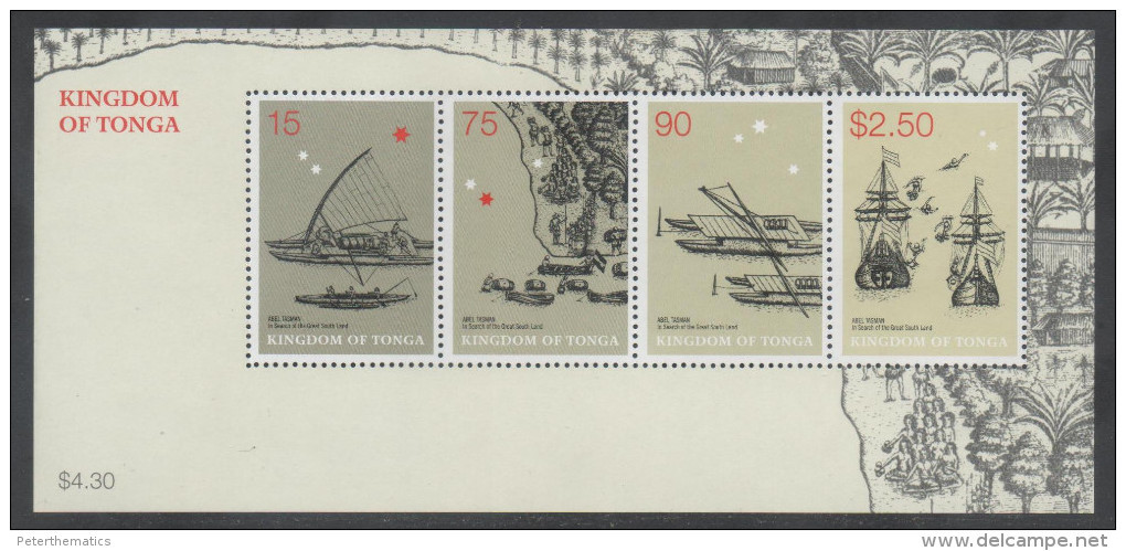 TONGA, 2003, SHIPS, CANOES, ABEL TASMAN DISCOVERY OF TONGA,  S/SHEET - Barche