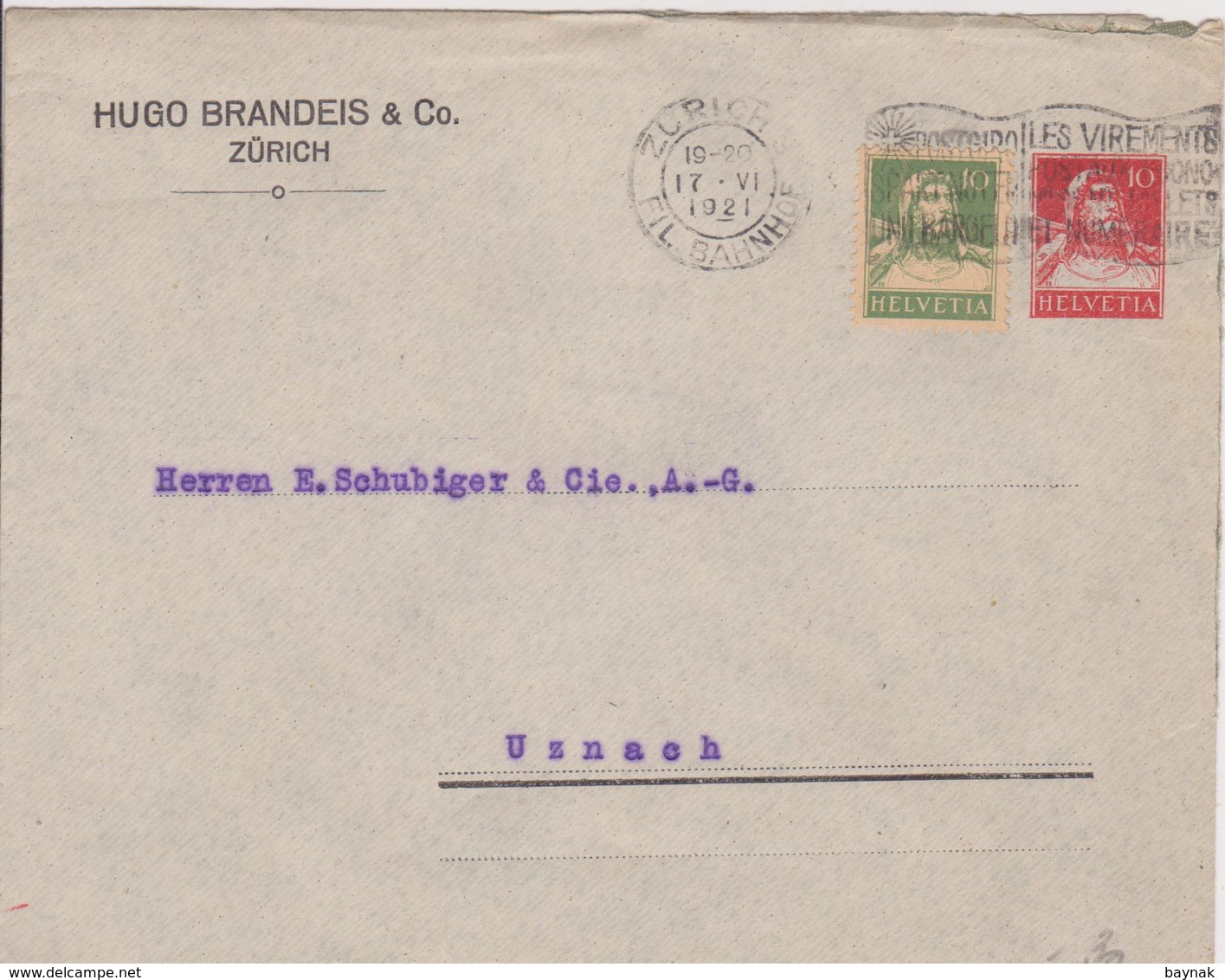 BRIEF   HUGO BRANDEIS & Co  ~ ZURICH  ~  YEAR 1921 - Briefe U. Dokumente