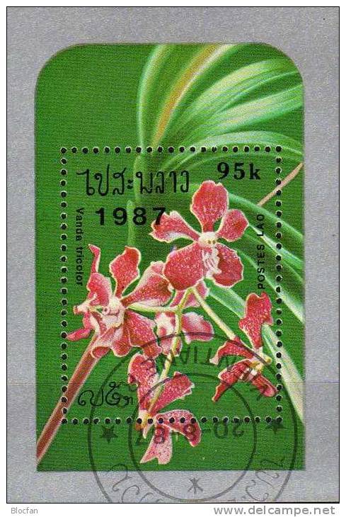 Orchideen-Blüten 1987 Blumen Laos Block 118 O 2€ M/s Vanda Tricolor Orchidee Bloc Flower Sheet Fogli Orchids Bf Lao - Orchids