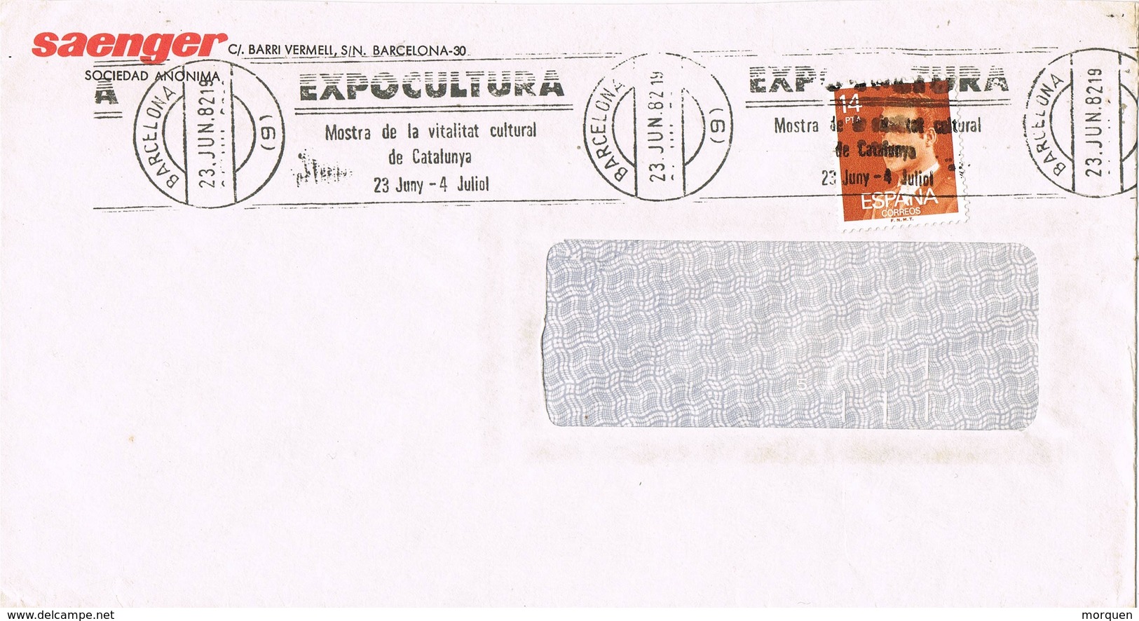 32082. Carta BARCELONA 1982. Rodillo Especial EXPOCULTURA, Vitalidad Cultural Cataluña - Cartas & Documentos